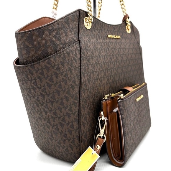 Michael Kors Large Jet Set Travel Chain Shoulder Bag & Double Zip Wallet Brown - Picture 4 of 14